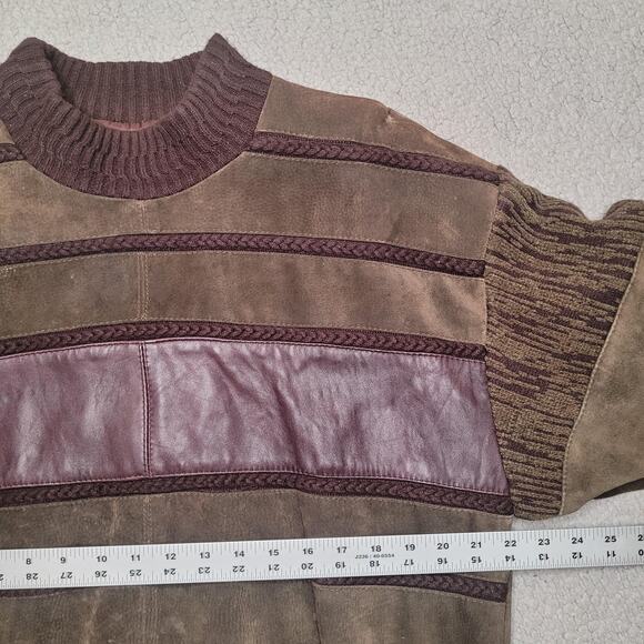 Vintage Saxony Sweater Mens Large Green Burgundy Patchwork Leather Suede 90s - Picture 10 of 11